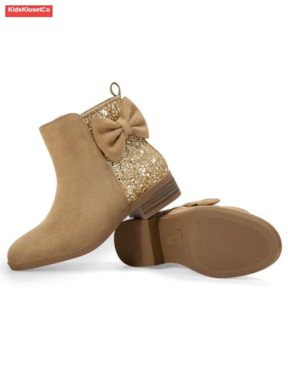 Girls Bow Glitter Ankle Boots Side Zipper Low Heel Dress Shoes